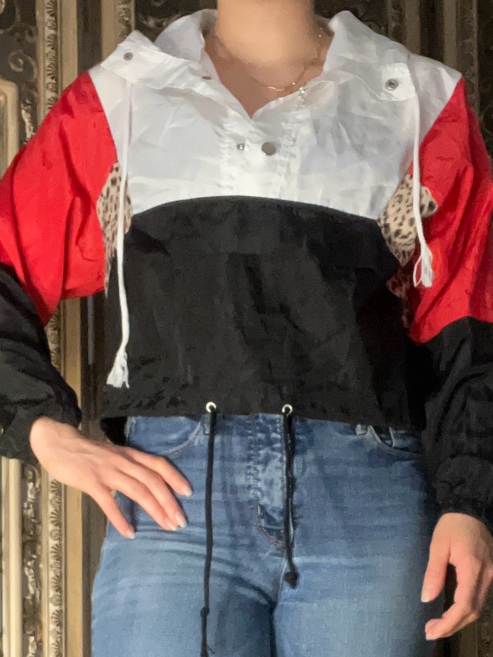 Colorblock Windbreaker Pullover Top - Red, White & Black